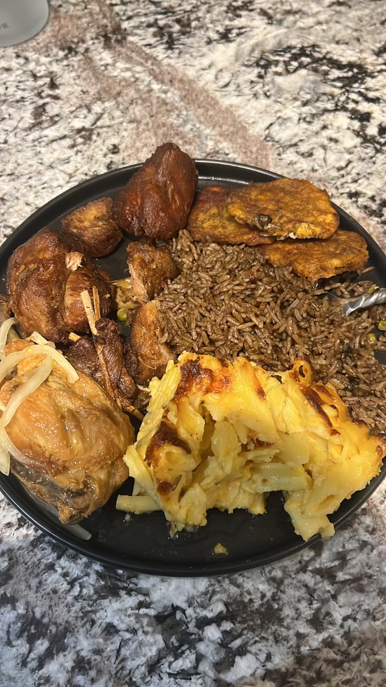 Turkey Tassot (Fried Turkey) Djon Djon Rice (Black Mushroom Rice) Macaroni Au Gratin (Haitian Dish)